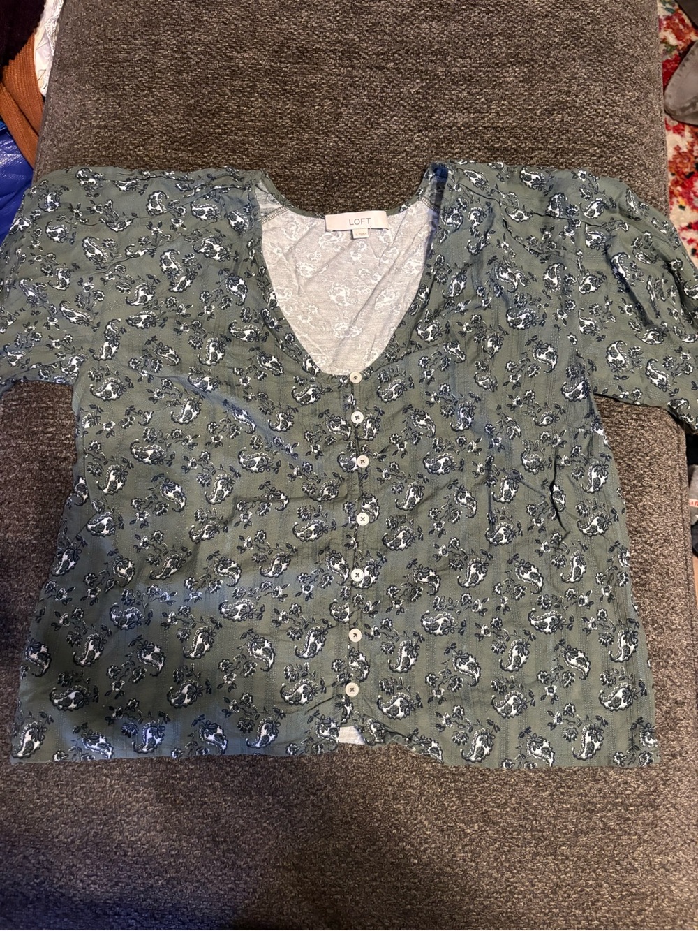 LOFT Sage Green Floral Button-Up Top